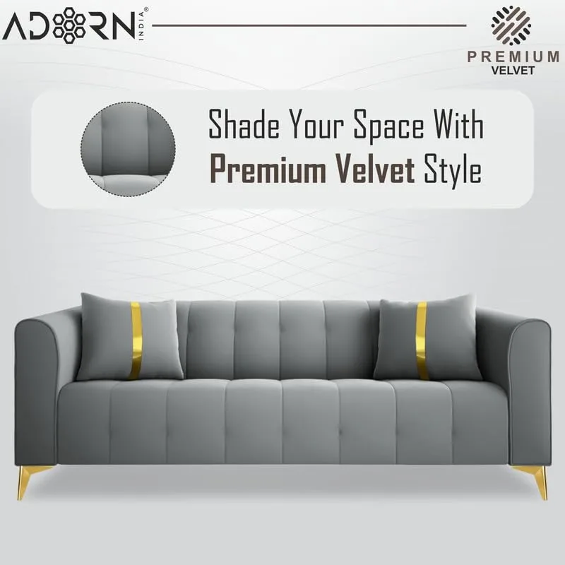 Adorn India Premium Mystic – 3 Years Warranty – 3 Seater Sofa Velvet Suede Fabric – Grey