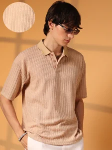 Men Striped Polo Neck Cotton Blend Beige T-Shirt