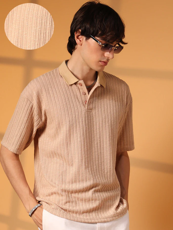 Men Striped Polo Neck Cotton Blend Beige T-Shirt