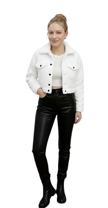 Women’s Cropped Teddy Jacket, White Plush Faux Fur